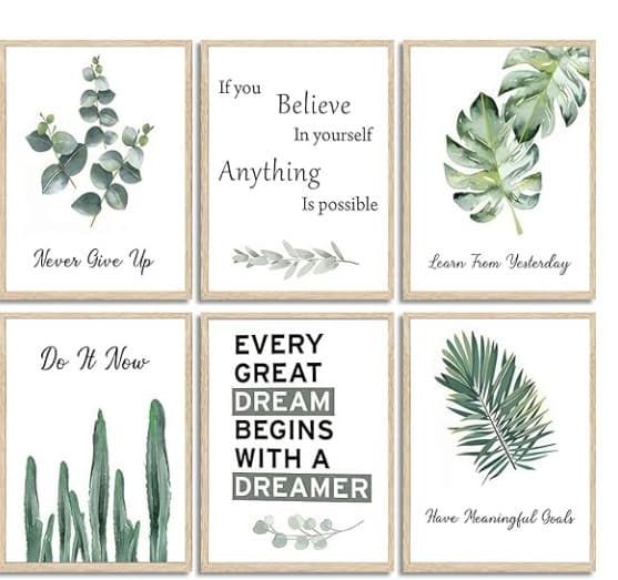 Set of 6 Motivational sticky canvas frames for wall decore / sticky phototiles for office and home workplace