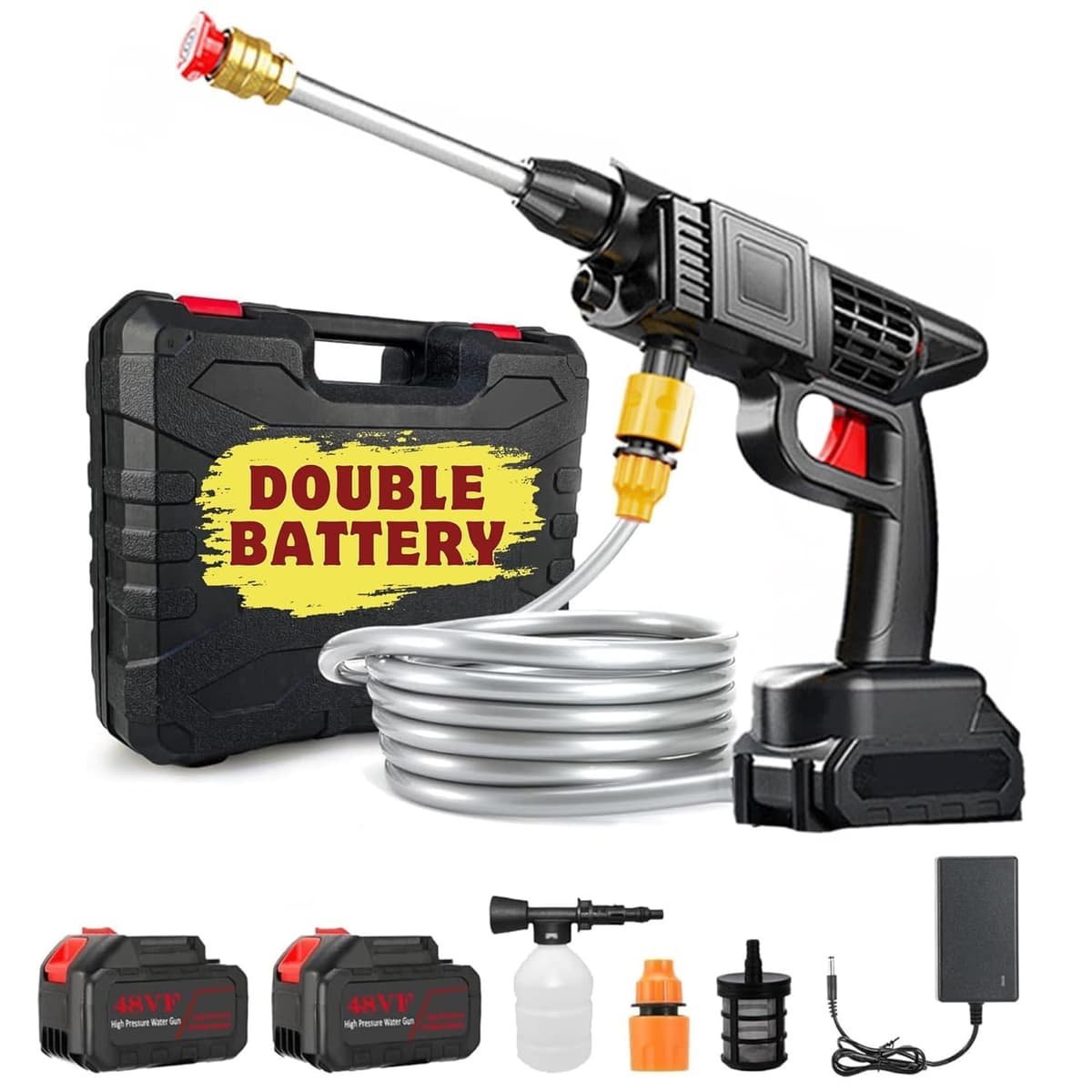 48V Cordless Portable Pressure Washer Gun with Dual Batteries & Carry Case