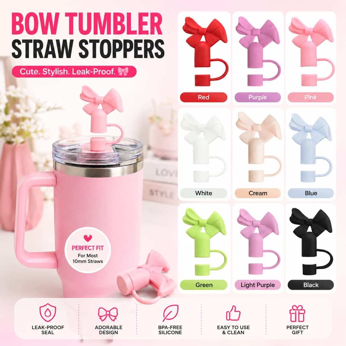 Silicone Bow Stopper Compatible with 40oz Tumbler | Reusable Spill-Resistant Straw Cover | Random Color