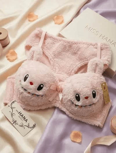 Labubu Style Cute Double Padded Bra & Panty Set for Women – Soft Wool Material, Comfortable Lingerie Set (Random Color)
