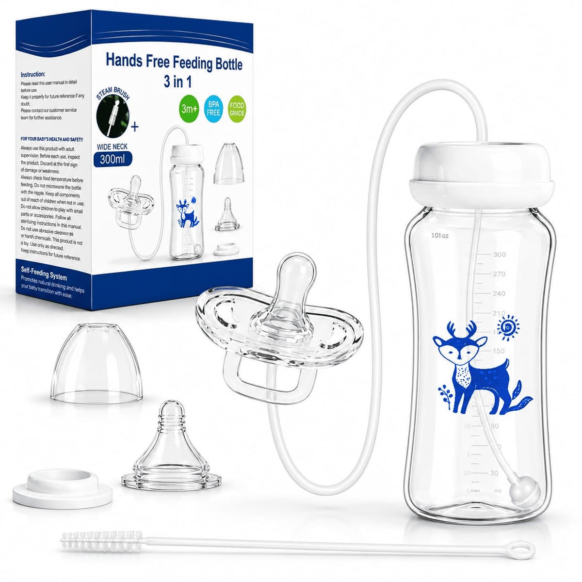 Hands-Free Baby Feeding Bottle with Pacifier & Cleaning Brush 300ml – BPA Free Food Grade