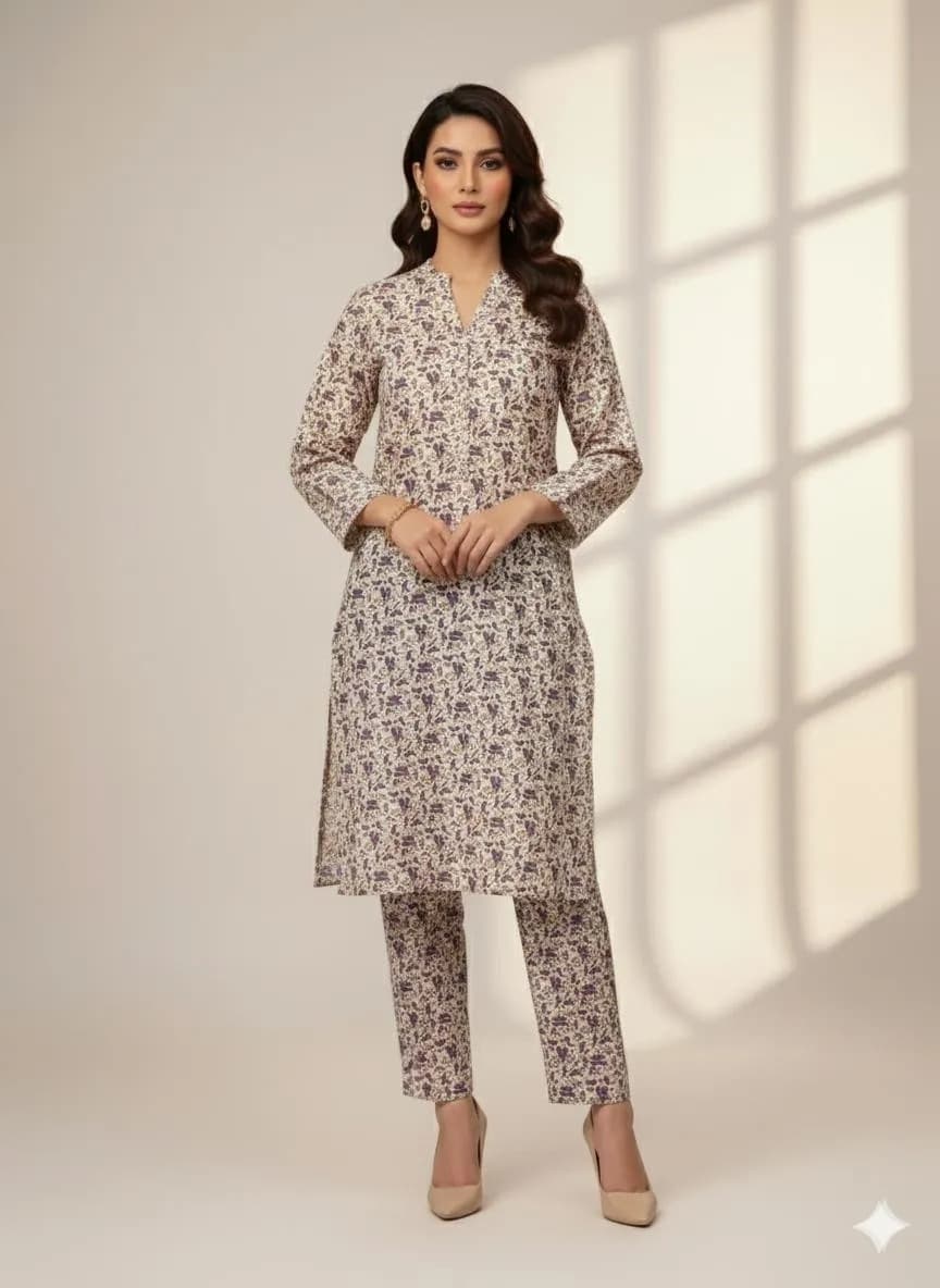 2-Pcs Katan Silk Unstitched Allover Printed Suit for Women – Premium Soft Fabric Shirt & Trouser Dress Material for Casual & Formal Wear