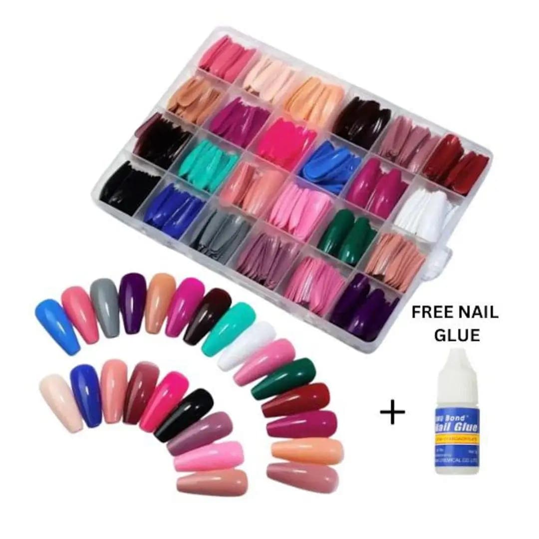 576 Pcs Multicolor Stick-On Artificial Nails Box with Free Glue