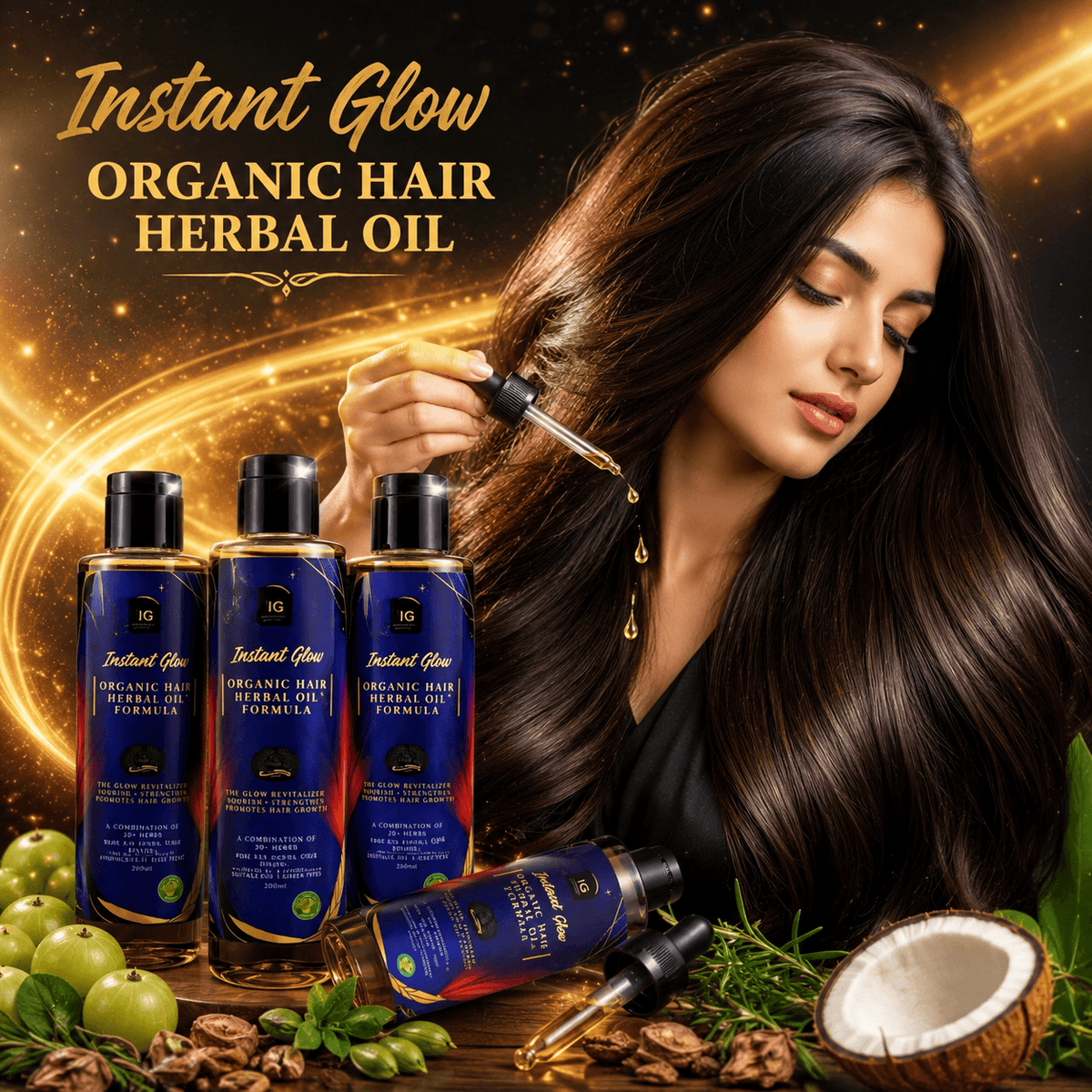 Instant Glow Herbal Oil 20+ Formula 120ml | Organic Hair Oil with Amla, Rosemary & Coconut | Hair Fall, Dandruff & Frizz Control | Hair Growth & Scalp Nourishing Oil