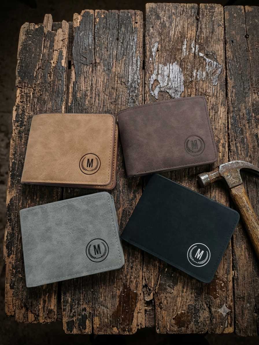 Premium Men's Leather Wallet – M Logo | 6 Card Slots | 2 Cash Pockets | 2 SIM Slots | Elegant Flap Design | 4 Colors