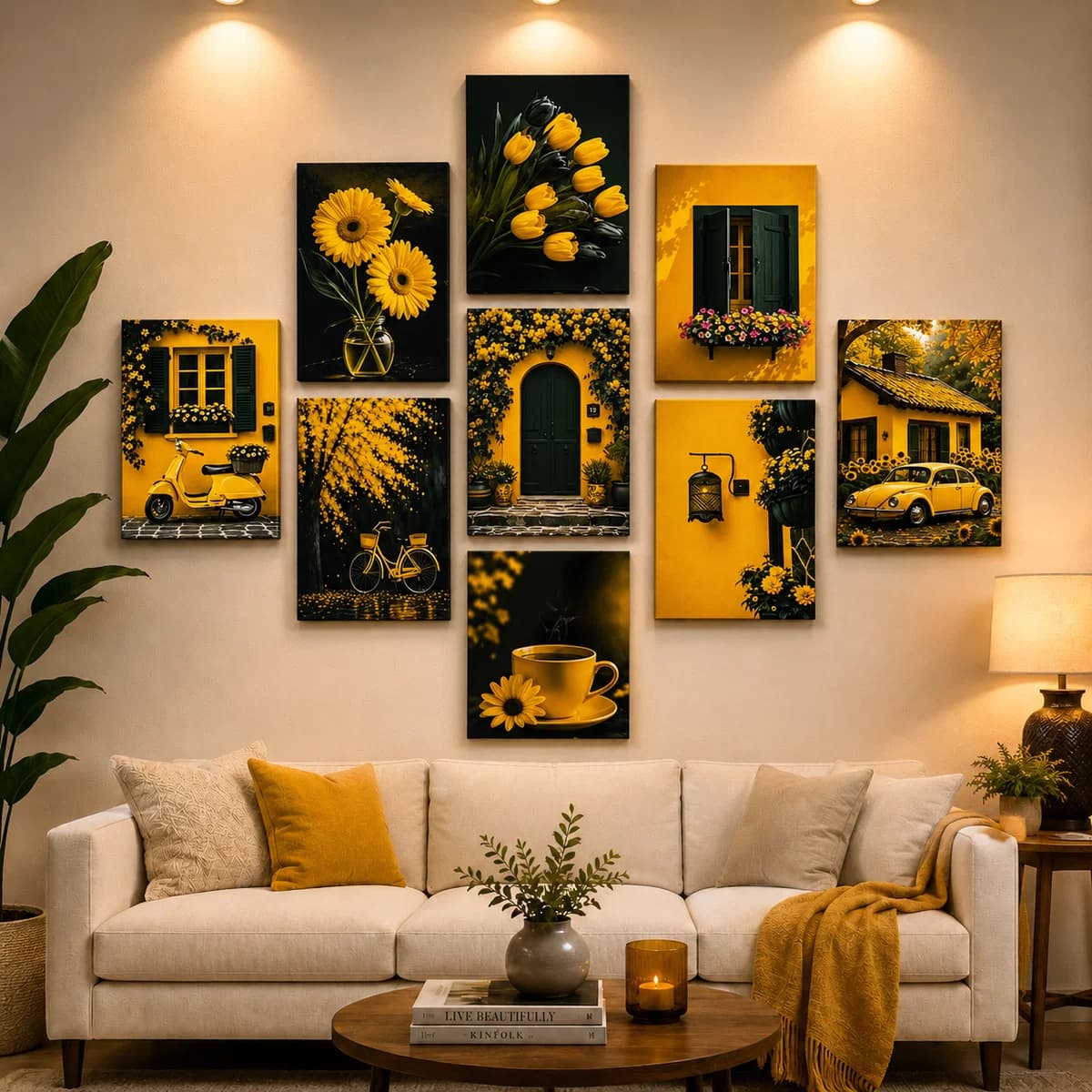 Set of 9 Pcs Yellow Theme Sticky Wall Art Tiles