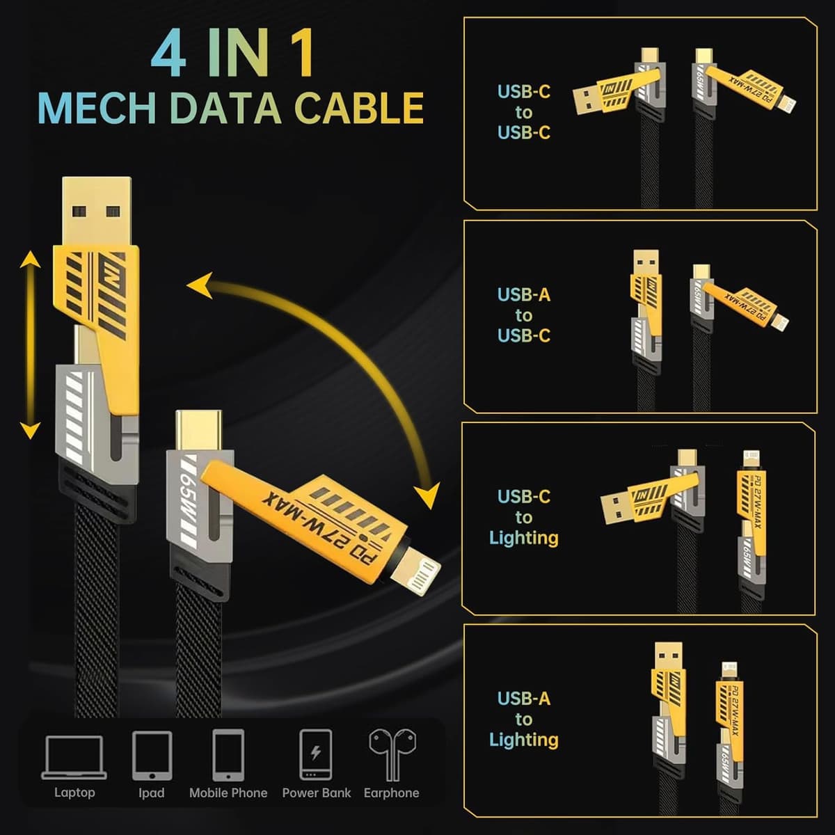 4 In 1 Data Cable – USB-A & USB-C to Lightning, Fast Charging Braided Cable