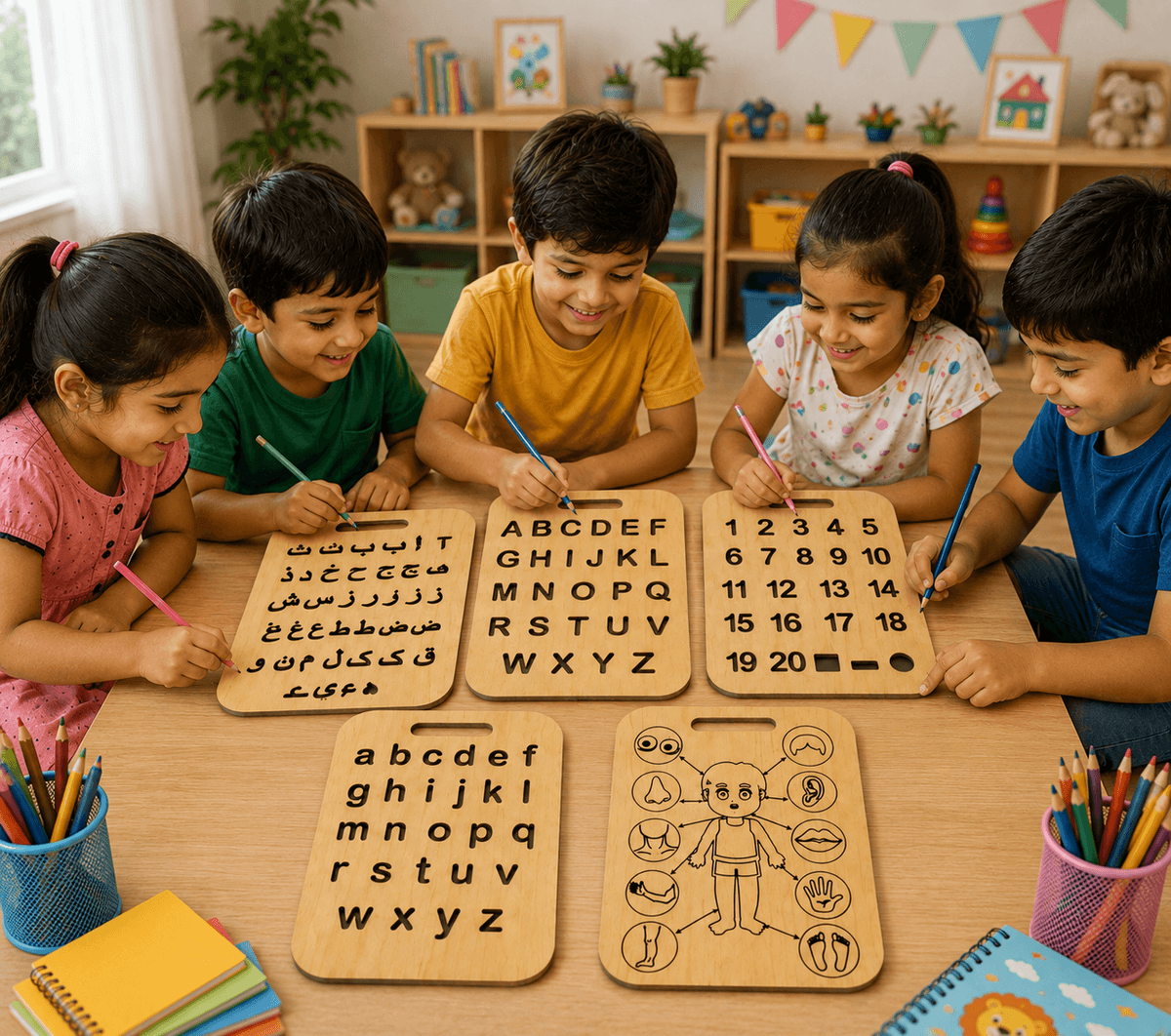 Educational Wooden Tracing Board Set 5 Pcs – Urdu, English, Numbers & Body Parts Learning Boards